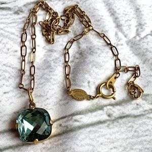 Catherine Popesco Aqua Blue Teal Swarovski Crystal Brushed Gold plate Necklace